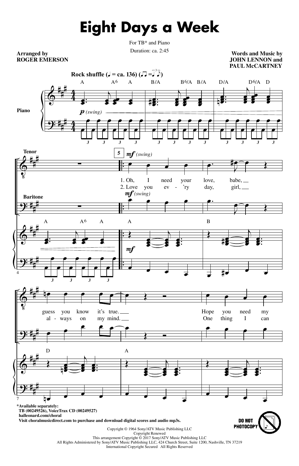 Roger Emerson Eight Days A Week sheet music notes and chords. Download Printable PDF.