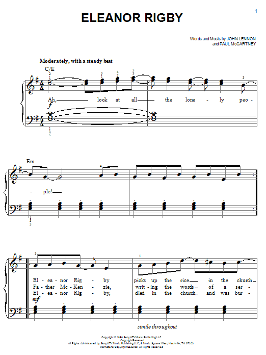 The Beatles Eleanor Rigby sheet music notes and chords. Download Printable PDF.