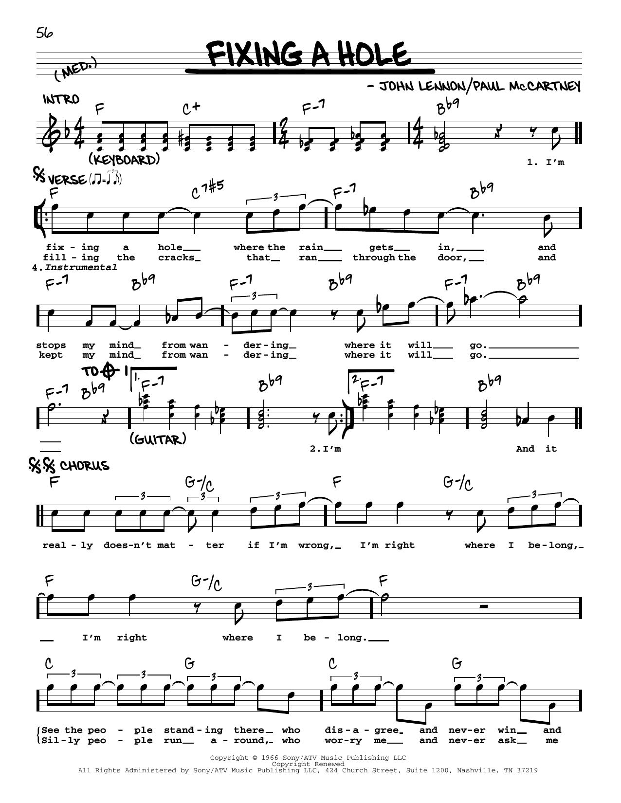 The Beatles Fixing A Hole [Jazz version] sheet music notes and chords arranged for Real Book – Melody, Lyrics & Chords