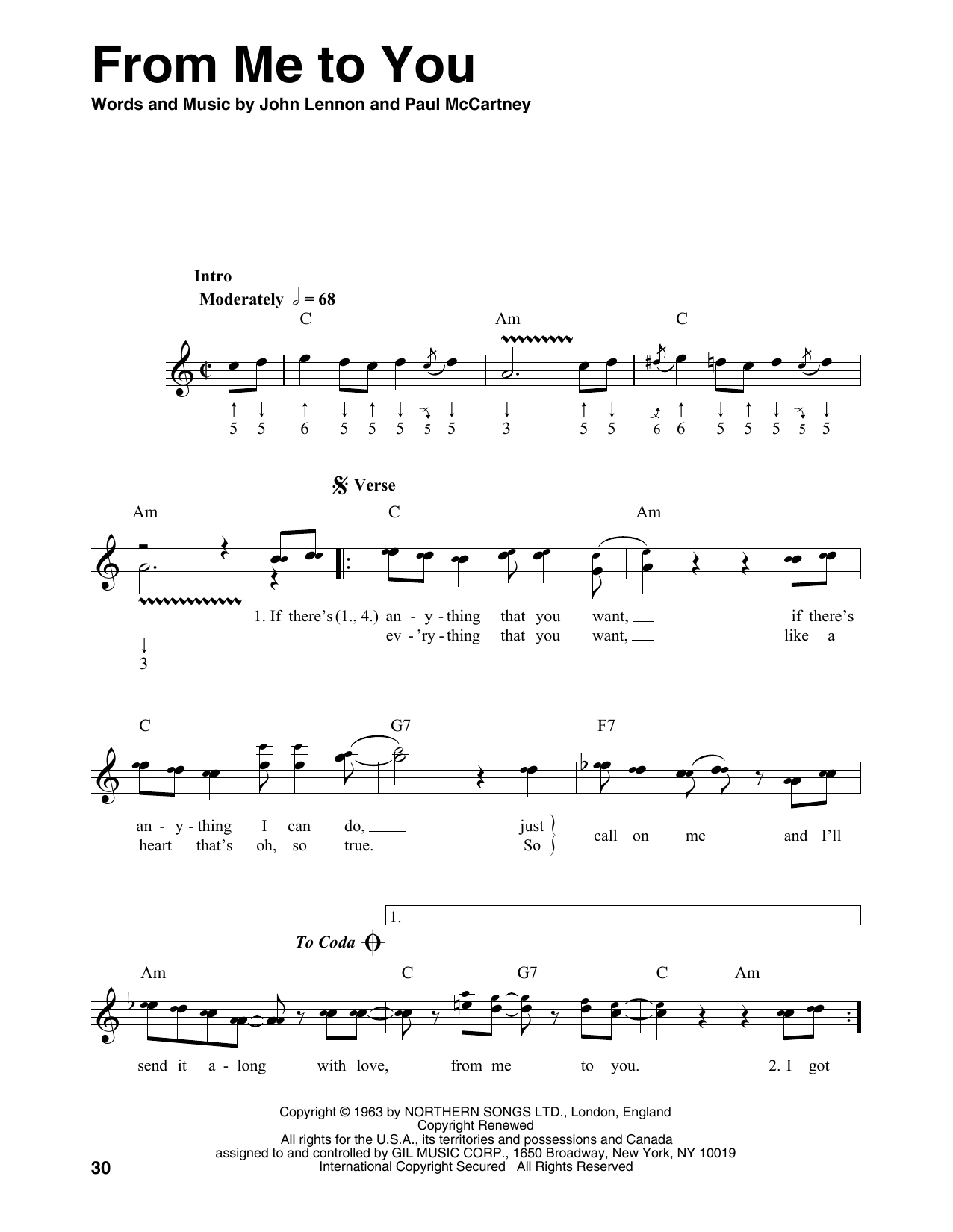 The Beatles From Me To You sheet music notes and chords. Download Printable PDF.