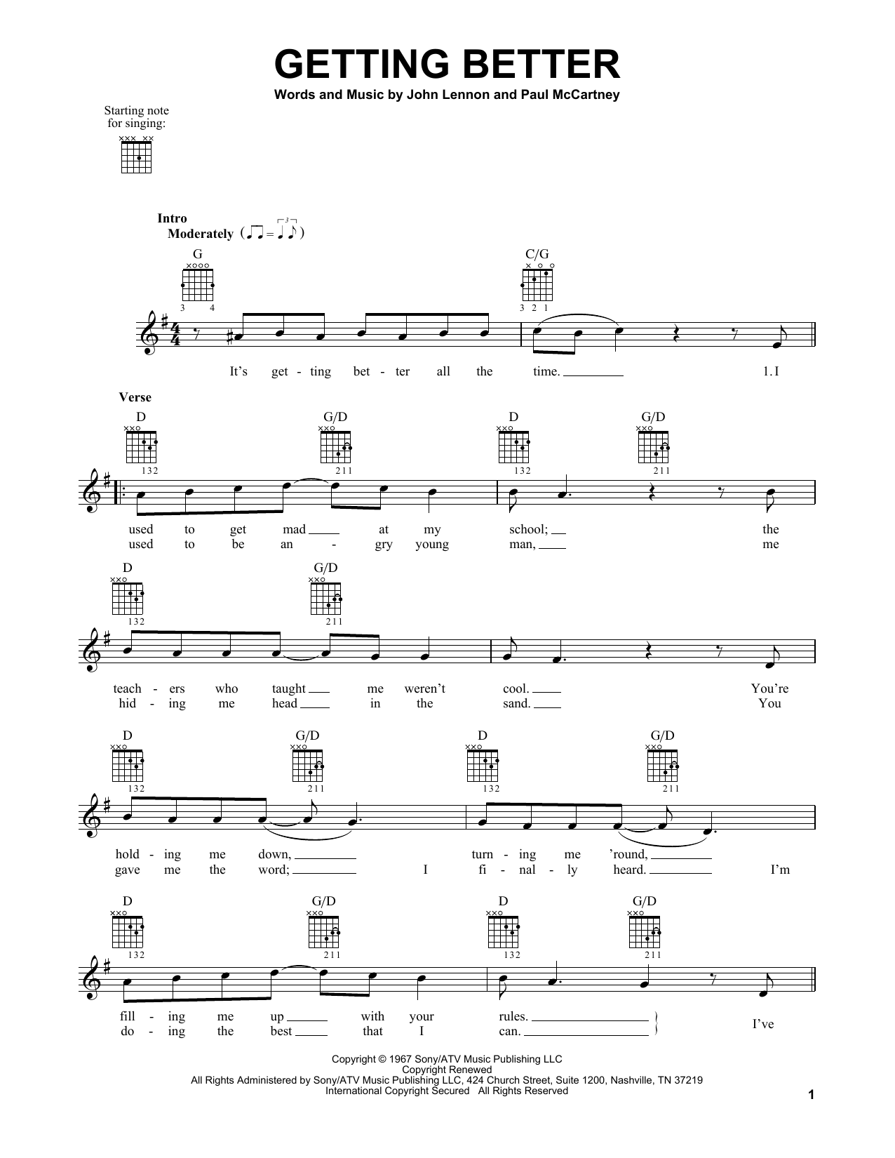 The Beatles Getting Better sheet music notes and chords arranged for Piano, Vocal & Guitar Chords