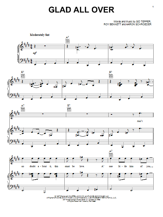 Learn to play The Beatles Glad All Over sheet music for Piano, Vocal & Guitar Chords (Right-Hand Melody) in minutes. Price: 7.8900$ The Beatles Glad All Over sheet music notes and chords arranged for Piano, Vocal & Guitar Chords (Right-Hand Melody)