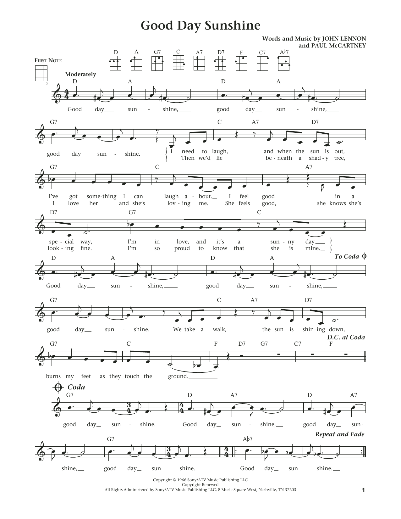 Learn to play The Beatles Good Day Sunshine (from The Daily Ukulele) (arr. Liz and Jim Beloff) sheet music for Ukulele in minutes. Price: 5.9900$ The Beatles Good Day Sunshine (from The Daily Ukulele) (arr. Liz and Jim Beloff) sheet music notes and chords arranged for Ukulele