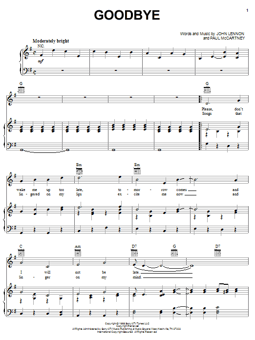 The Beatles Goodbye sheet music notes and chords arranged for Piano, Vocal & Guitar Chords (Right-Hand Melody)