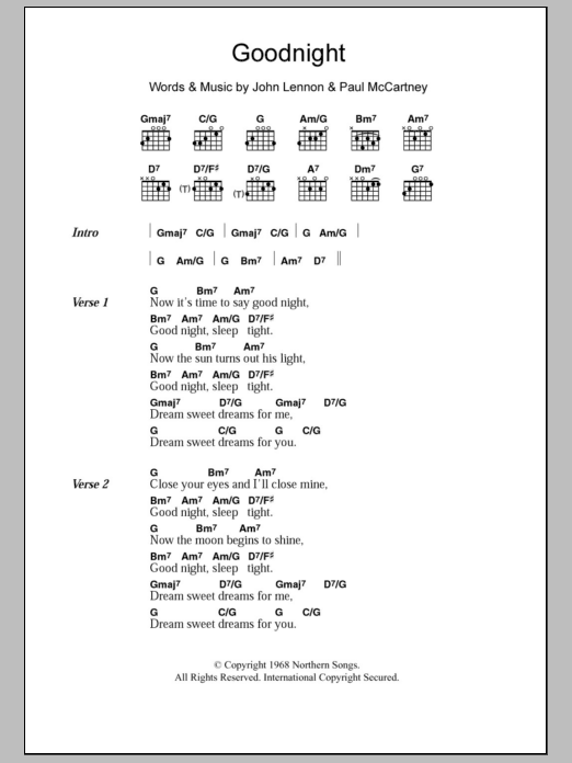 The Beatles Goodnight sheet music notes and chords. Download Printable PDF.