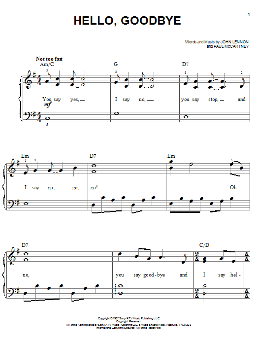 The Beatles Hello, Goodbye sheet music notes and chords. Download Printable PDF.