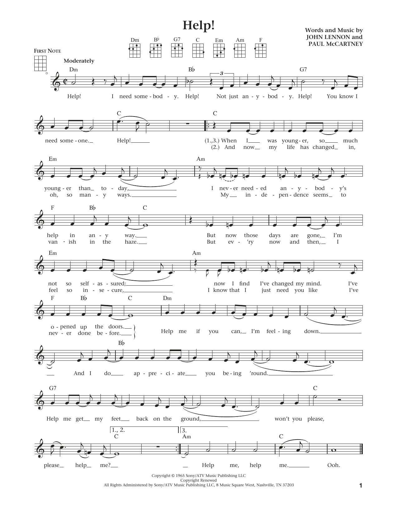 Learn to play The Beatles Help! (from The Daily Ukulele) (arr. Liz and Jim Beloff) sheet music for Ukulele in minutes. Price: 5.9900$ The Beatles Help! (from The Daily Ukulele) (arr. Liz and Jim Beloff) sheet music notes and chords arranged for Ukulele