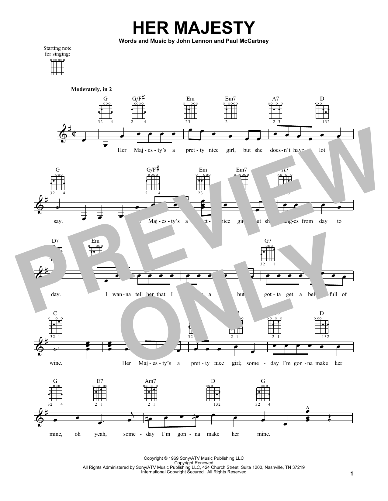 The Beatles Her Majesty sheet music notes and chords arranged for Piano, Vocal & Guitar Chords