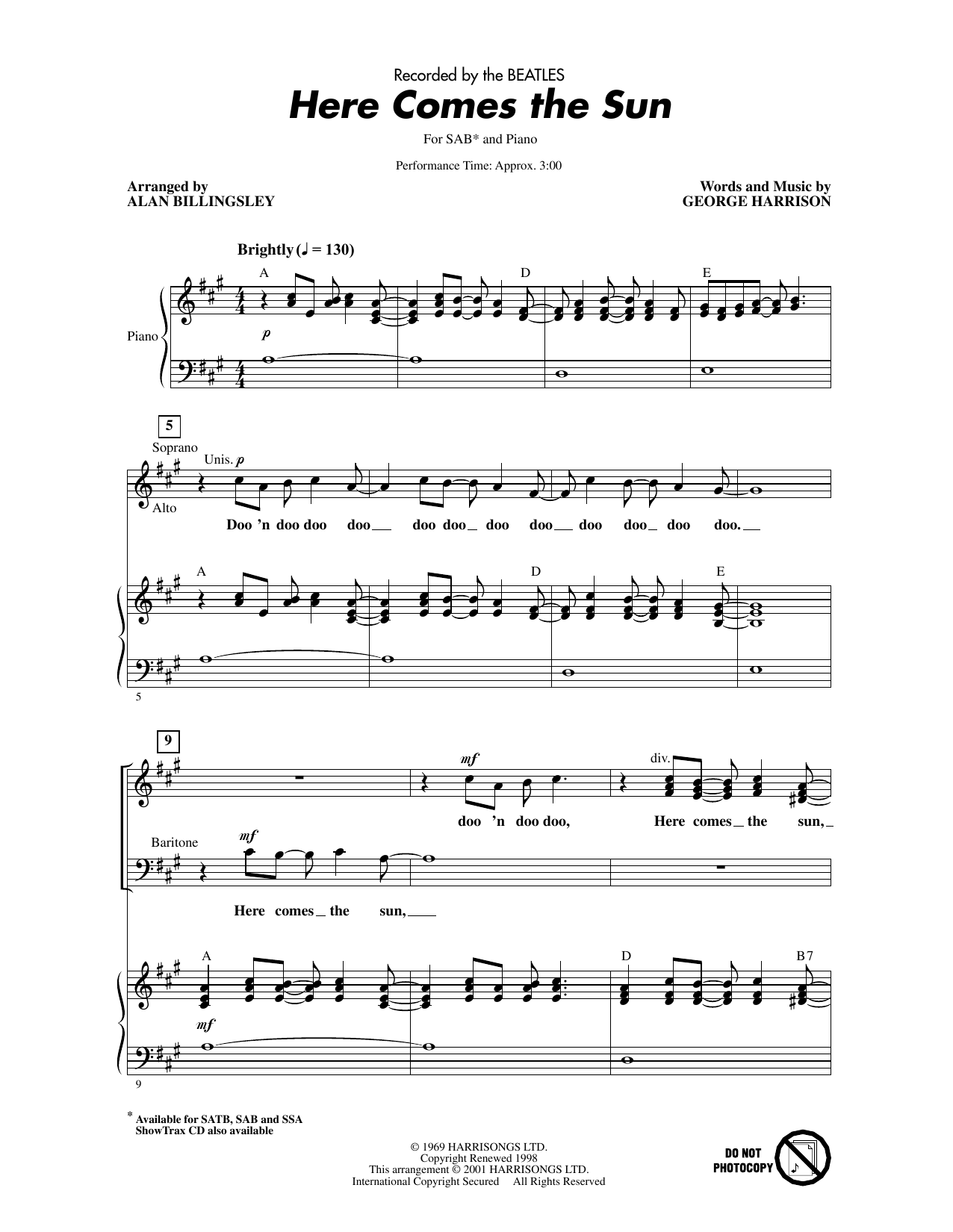 The Beatles Here Comes The Sun (arr. Alan Billingsley) sheet music notes and chords arranged for SAB Choir