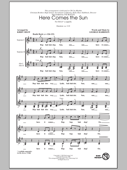 The Beatles Here Comes The Sun (arr. Kirby Shaw) sheet music notes and chords. Download Printable PDF.