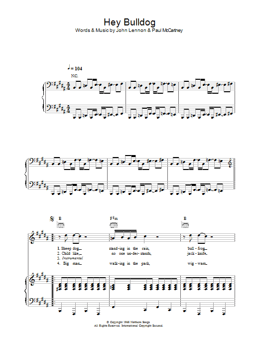 The Beatles Hey Bulldog sheet music notes and chords. Download Printable PDF.