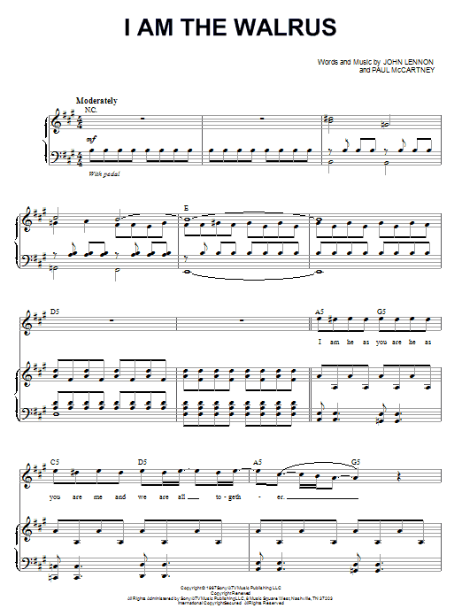Learn to play The Beatles I Am The Walrus sheet music for Piano & Vocal in minutes. Price: 7.8900$ The Beatles I Am The Walrus sheet music notes and chords arranged for Piano & Vocal