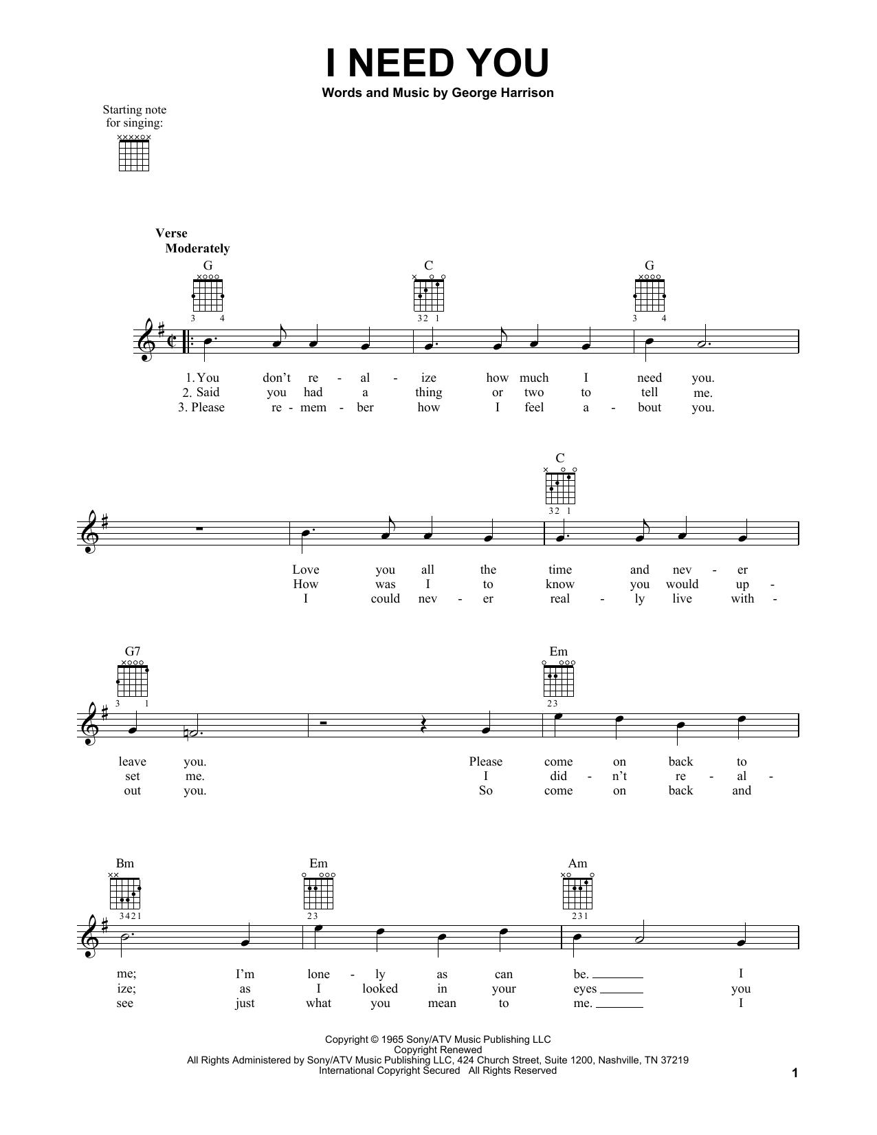 The Beatles I Need You sheet music notes and chords. Download Printable PDF.