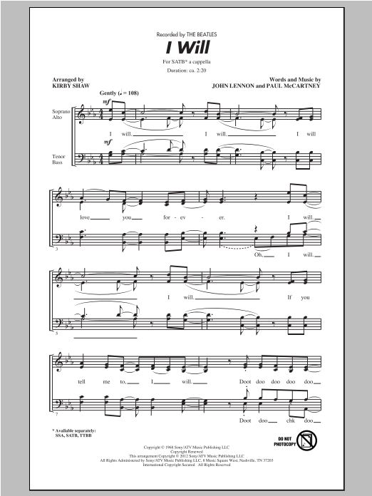 Kirby Shaw I Will sheet music notes and chords arranged for SATB Choir