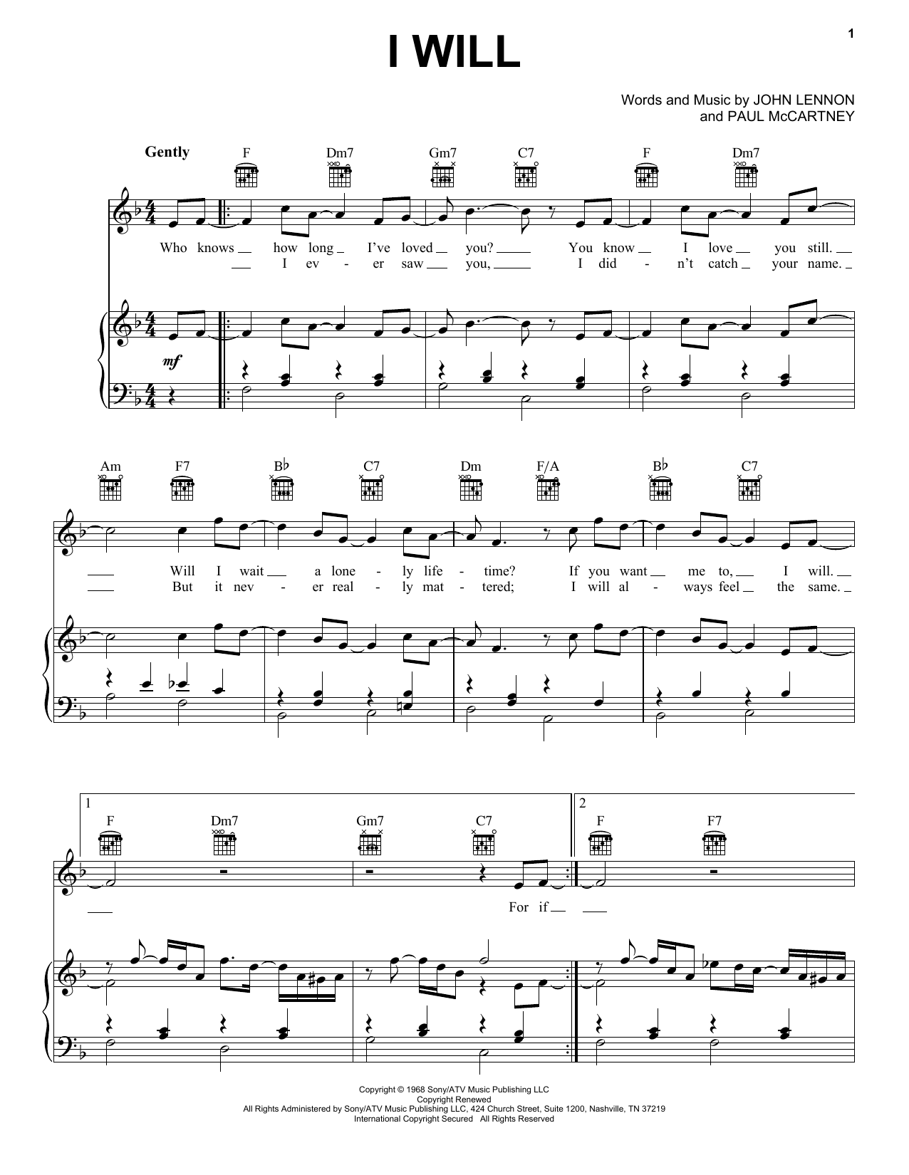 The Beatles I Will sheet music notes and chords. Download Printable PDF.