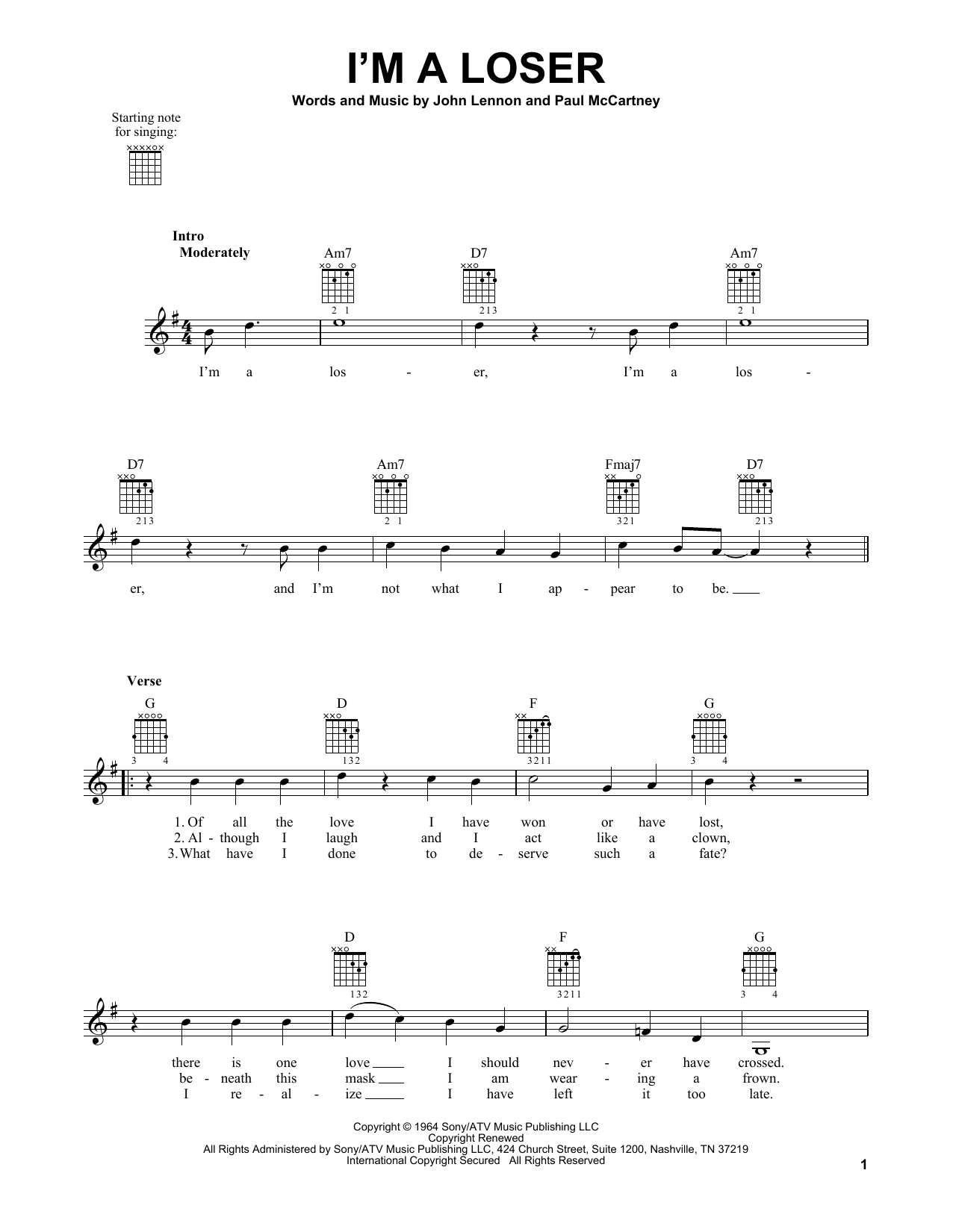 The Beatles I'm A Loser sheet music notes and chords. Download Printable PDF.