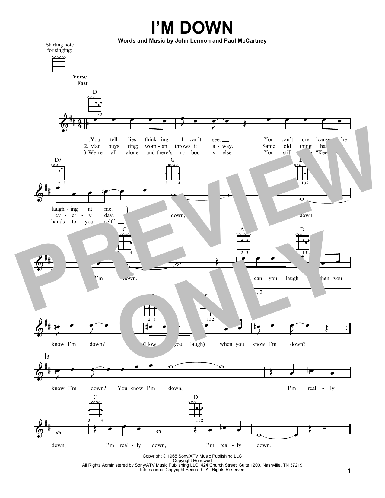 The Beatles I'm Down sheet music notes and chords. Download Printable PDF.