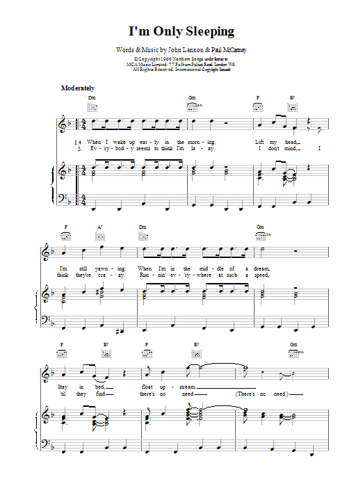 The Beatles I'm Only Sleeping sheet music notes and chords. Download Printable PDF.