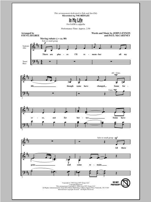 Learn to play Steve Zegree In My Life sheet music for SATB Choir in minutes. Price: 3.9900$ Steve Zegree In My Life sheet music notes and chords arranged for SATB Choir