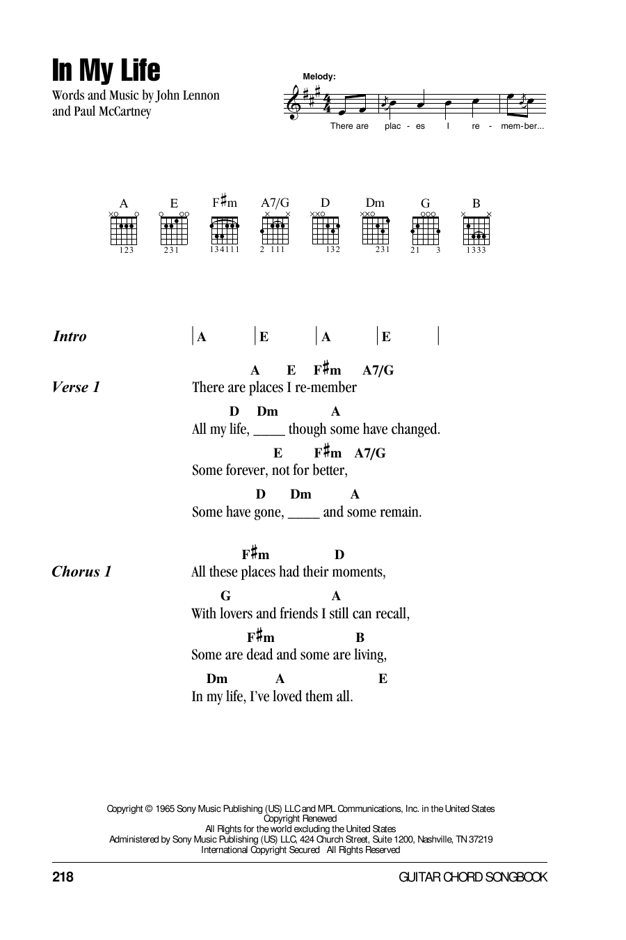 The Beatles In My Life sheet music notes and chords. Download Printable PDF.