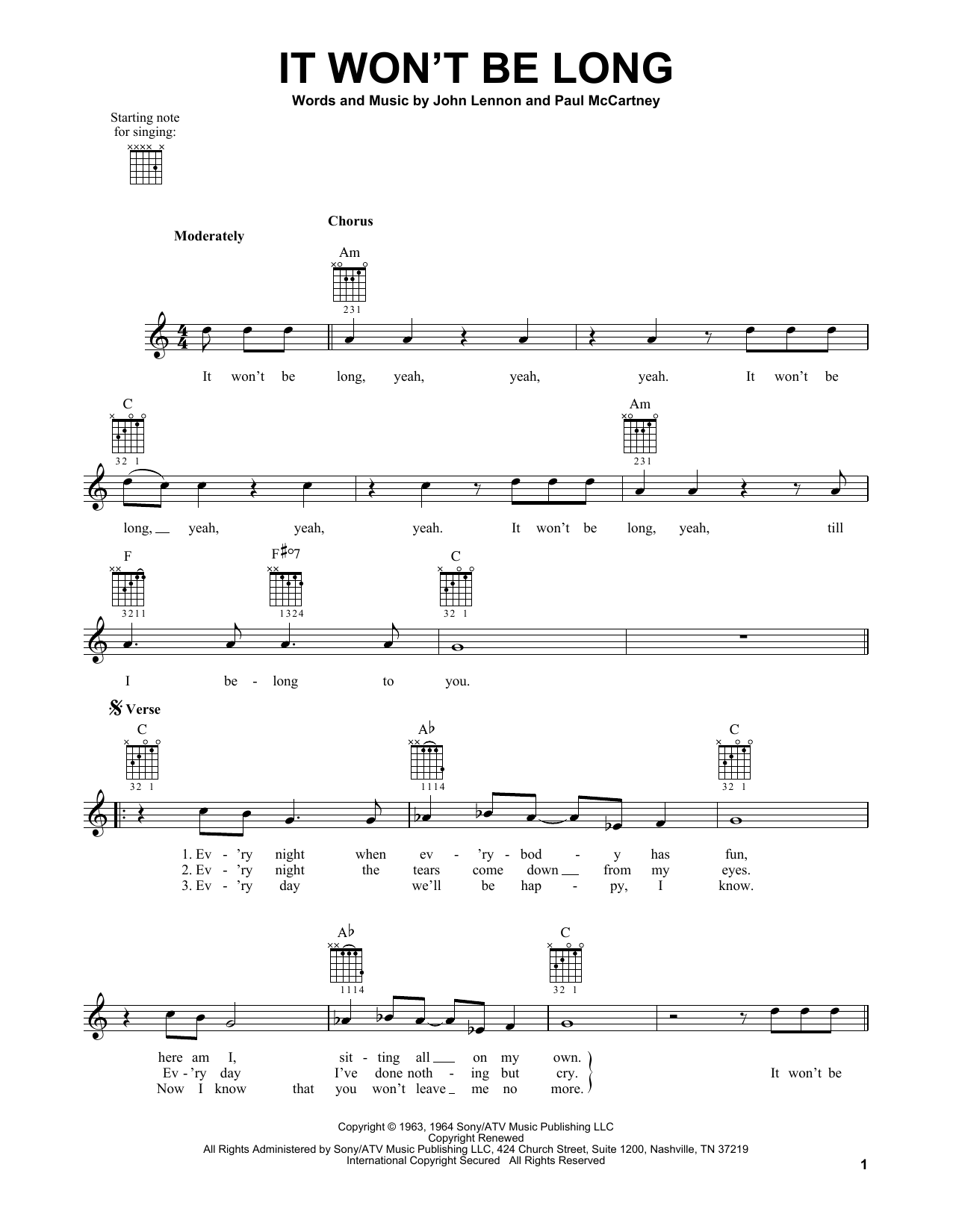 The Beatles It Won't Be Long sheet music notes and chords. Download Printable PDF.