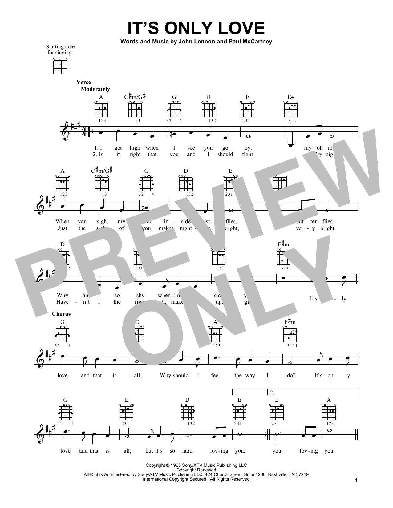 The Beatles It's Only Love sheet music notes and chords. Download Printable PDF.