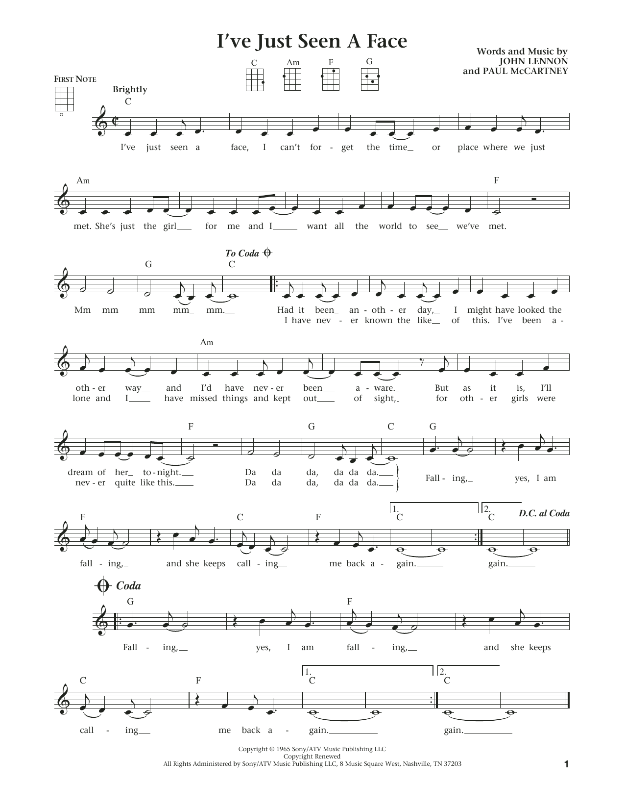 Learn to play The Beatles I've Just Seen A Face (from The Daily Ukulele) (arr. Liz and Jim Beloff) sheet music for Ukulele in minutes. Price: 5.9900$ The Beatles I've Just Seen A Face (from The Daily Ukulele) (arr. Liz and Jim Beloff) sheet music notes and chords arranged for Ukulele