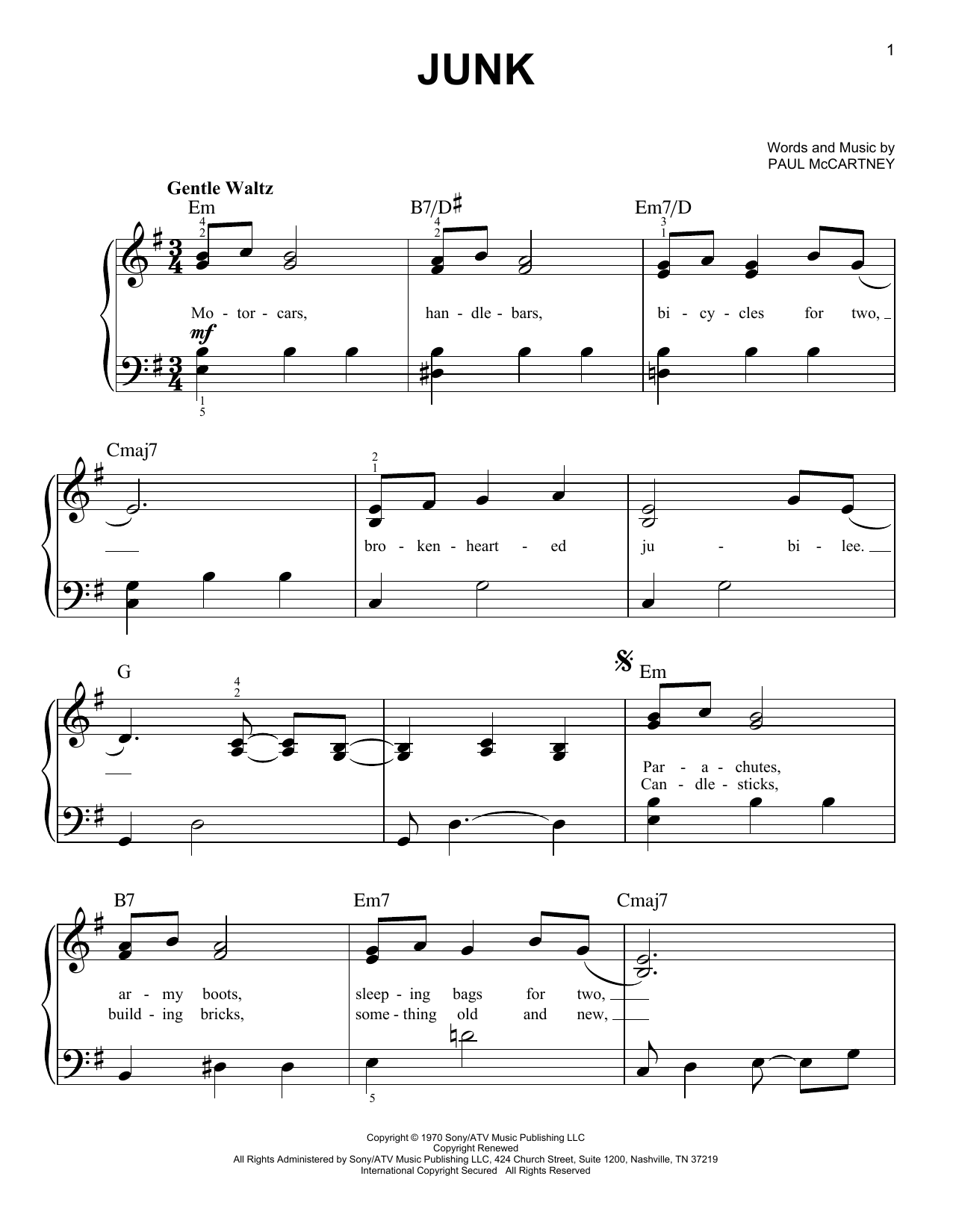 The Beatles Junk sheet music notes and chords arranged for Easy Piano