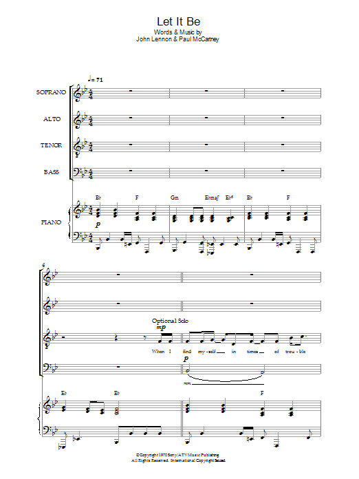 Learn to play The Beatles Let It Be (arr. Simon Foxley) sheet music for SATB Choir in minutes. Price: 3.9900$ The Beatles Let It Be (arr. Simon Foxley) sheet music notes and chords arranged for SATB Choir
