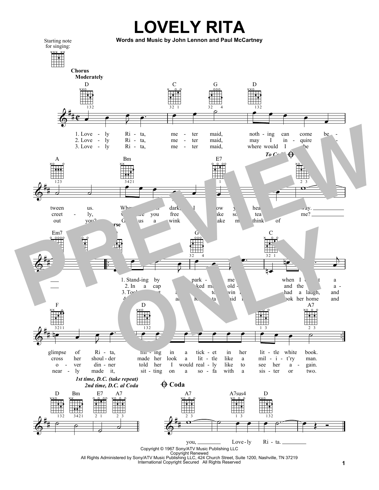 The Beatles Lovely Rita sheet music notes and chords arranged for Piano, Vocal & Guitar Chords