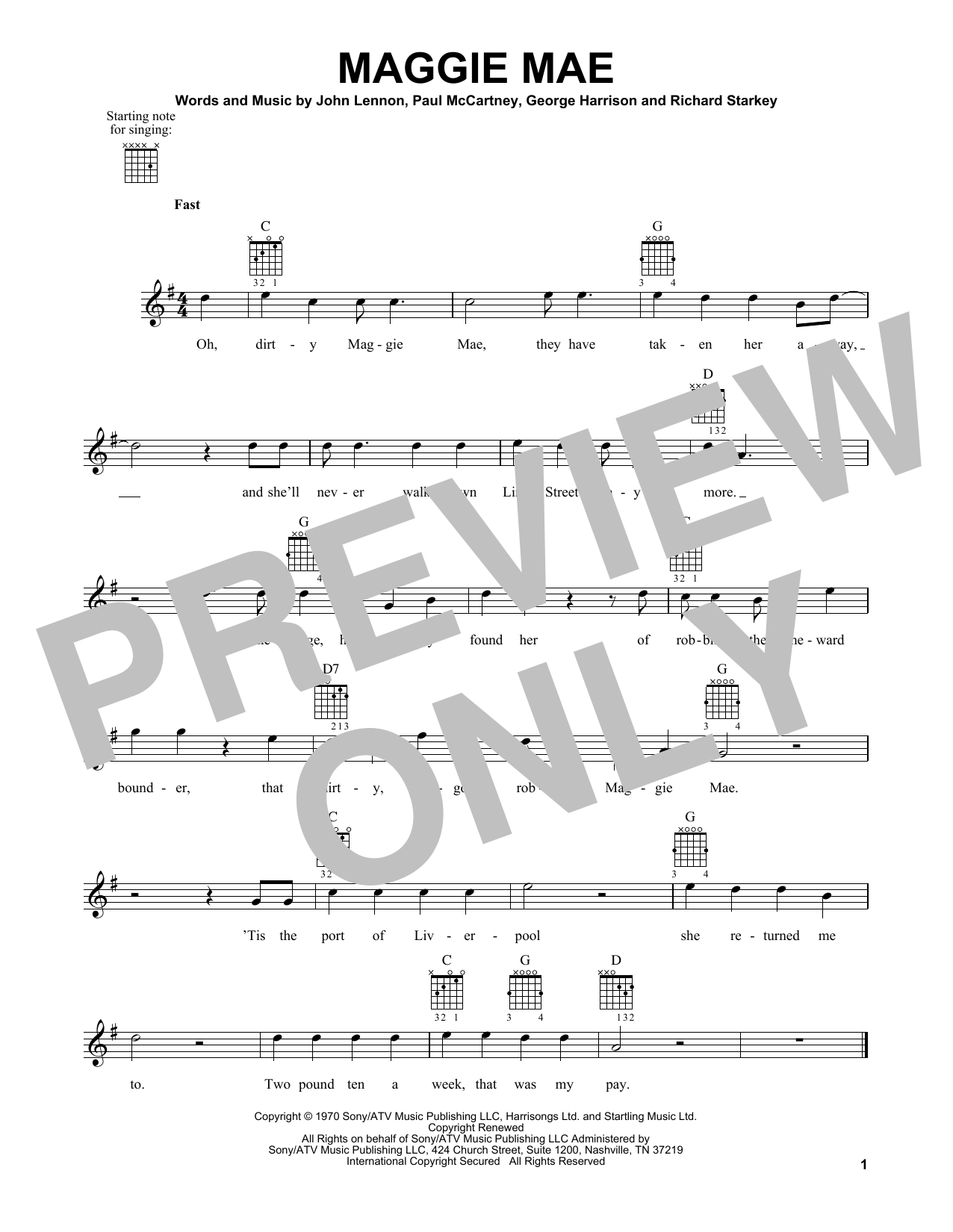 The Beatles Maggie Mae sheet music notes and chords arranged for Piano, Vocal & Guitar Chords