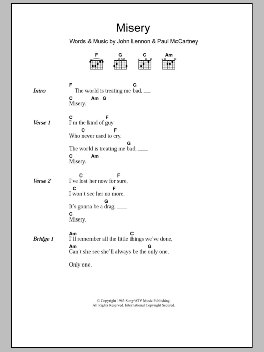 The Beatles Misery sheet music notes and chords. Download Printable PDF.