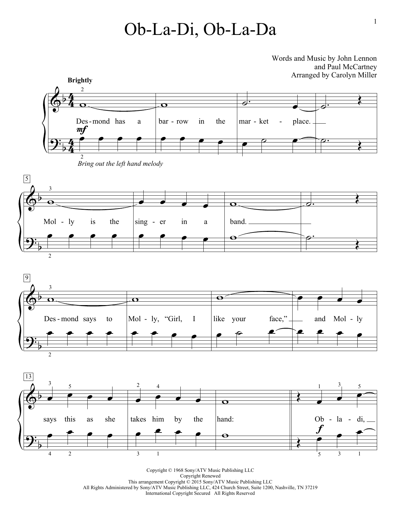 Carolyn Miller Ob-La-Di, Ob-La-Da sheet music notes and chords arranged for Educational Piano