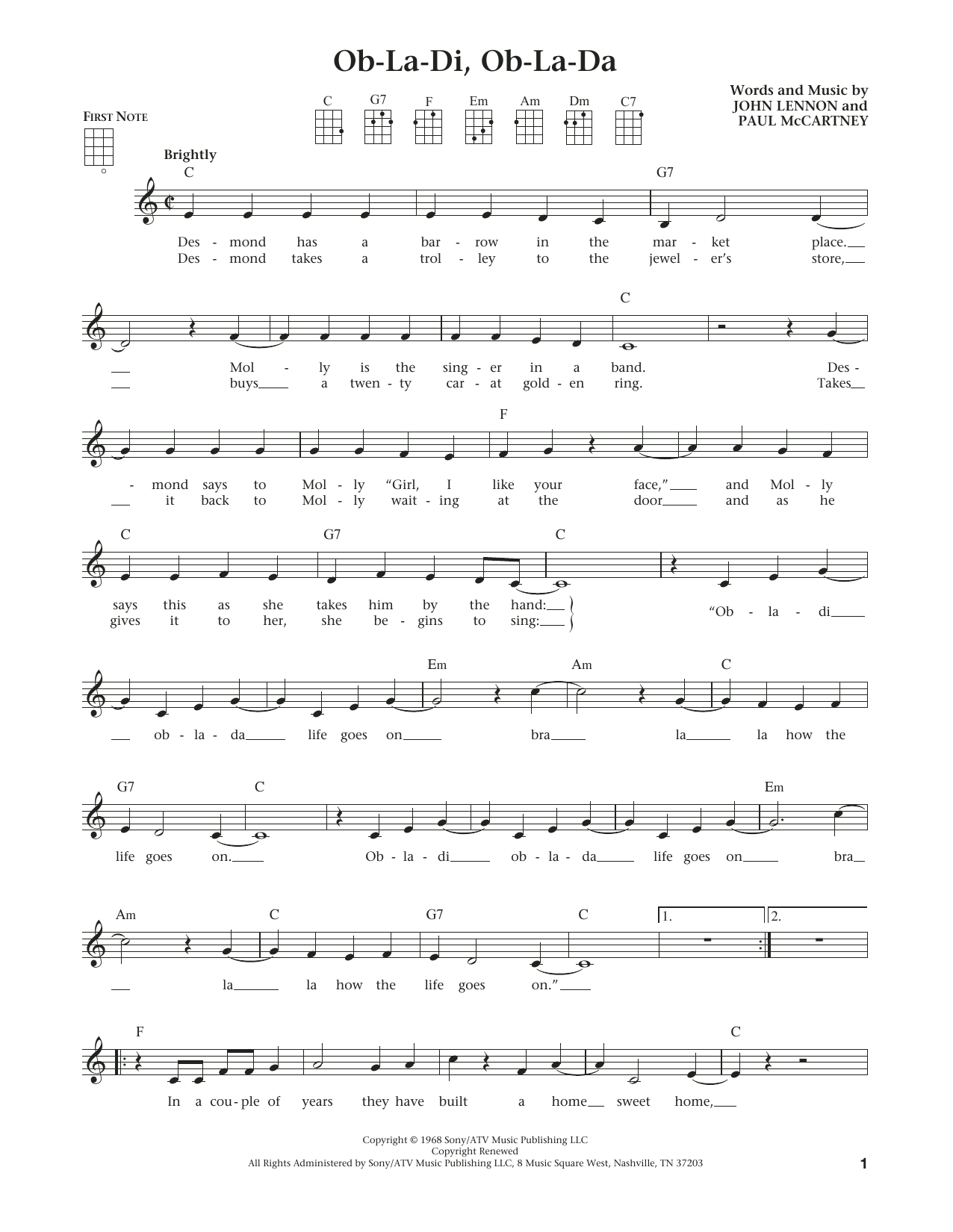 Learn to play The Beatles Ob-La-Di, Ob-La-Da (from The Daily Ukulele) (arr. Liz and Jim Beloff) sheet music for Ukulele in minutes. Price: 5.9900$ The Beatles Ob-La-Di, Ob-La-Da (from The Daily Ukulele) (arr. Liz and Jim Beloff) sheet music notes and chords arranged for Ukulele