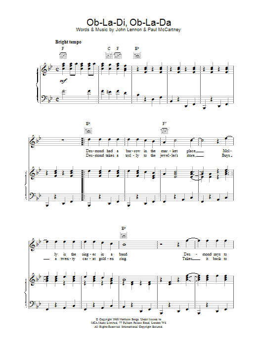 The Beatles Ob-La-Di, Ob-La-Da sheet music notes and chords. Download Printable PDF.