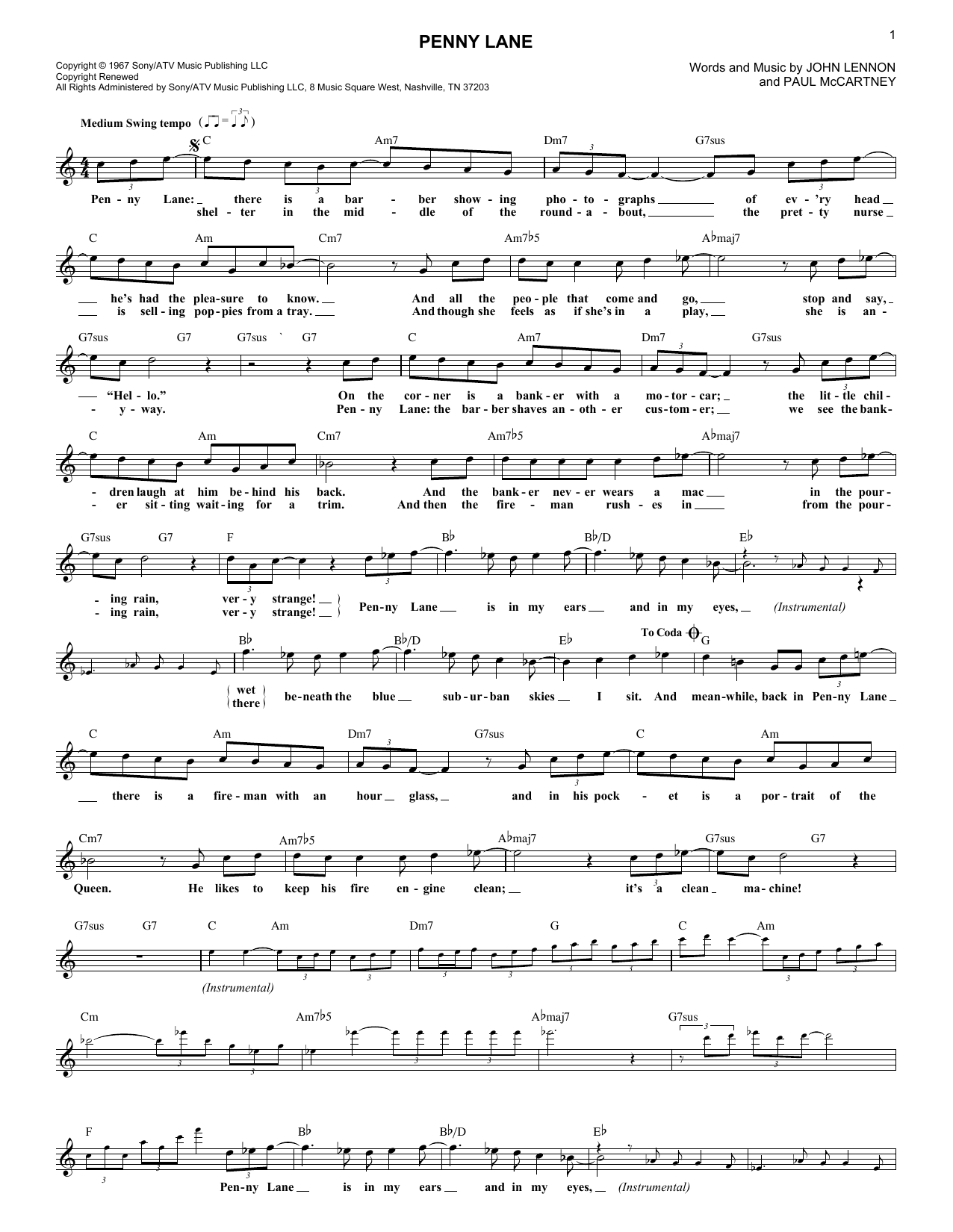 The Beatles Penny Lane sheet music notes and chords arranged for Xylophone Solo