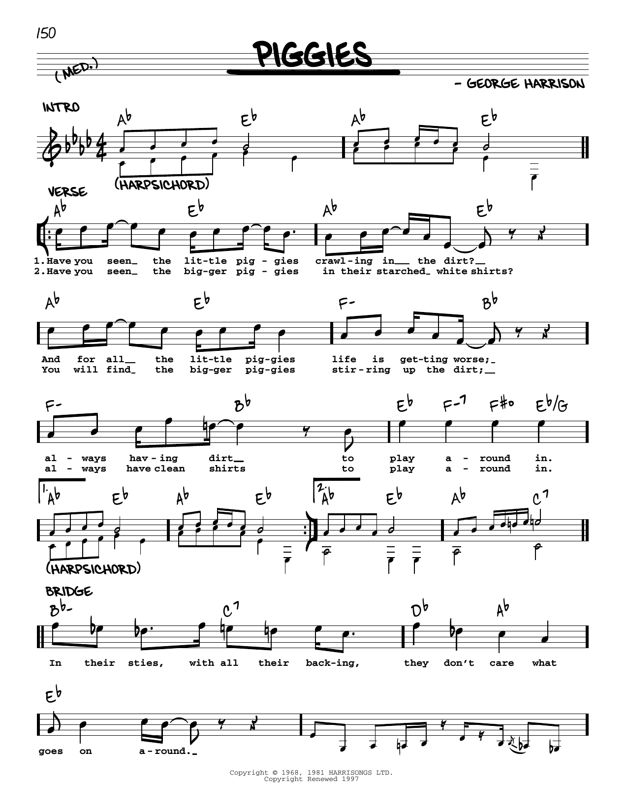 The Beatles Piggies [Jazz version] sheet music notes and chords arranged for Real Book – Melody, Lyrics & Chords