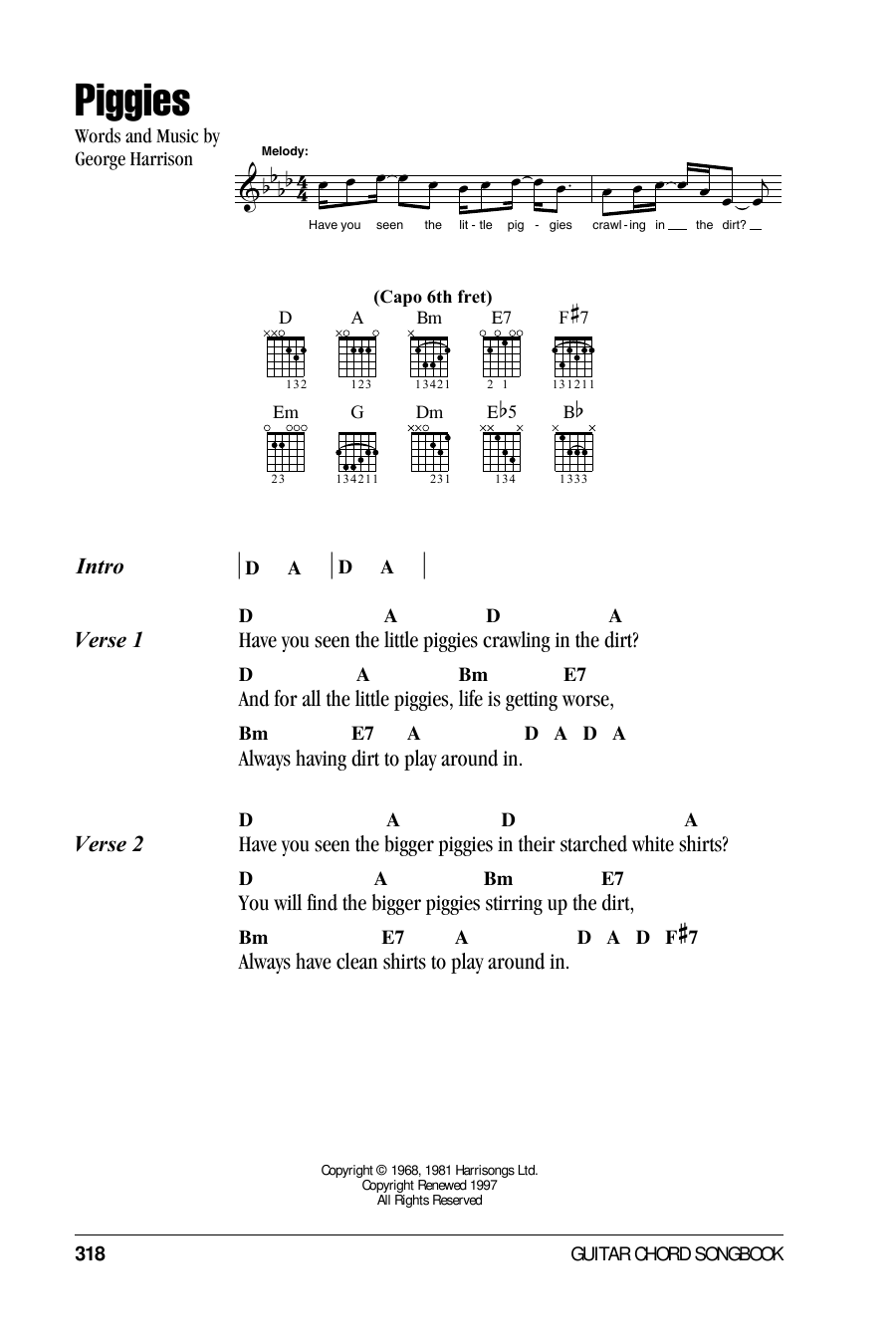 The Beatles Piggies sheet music notes and chords arranged for Guitar Chords/Lyrics