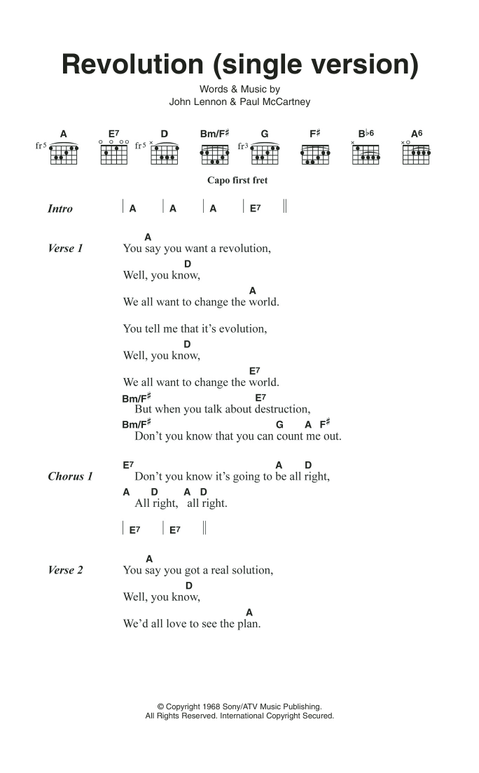 Learn to play The Beatles Revolution (Single Version) sheet music for Guitar Chords/Lyrics in minutes. Price: 4.4900$ The Beatles Revolution (Single Version) sheet music notes and chords arranged for Guitar Chords/Lyrics