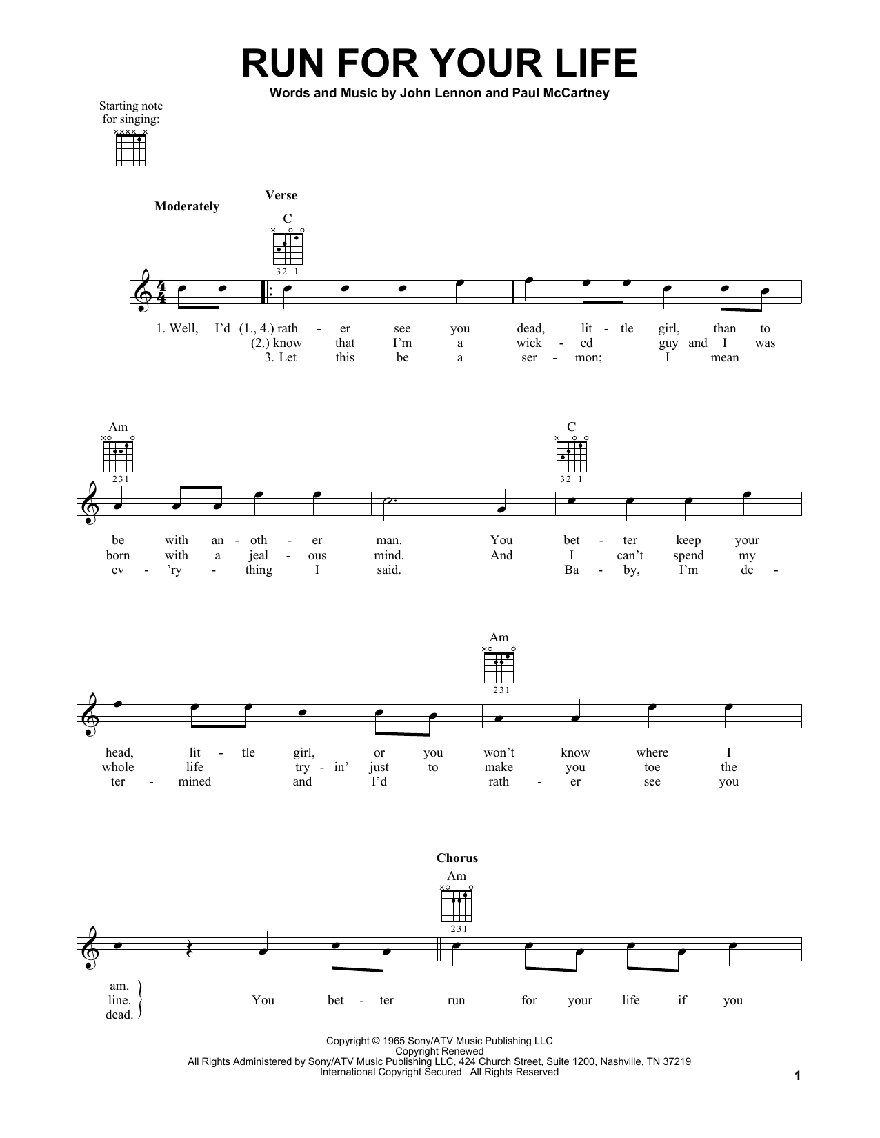 The Beatles Run For Your Life sheet music notes and chords. Download Printable PDF.