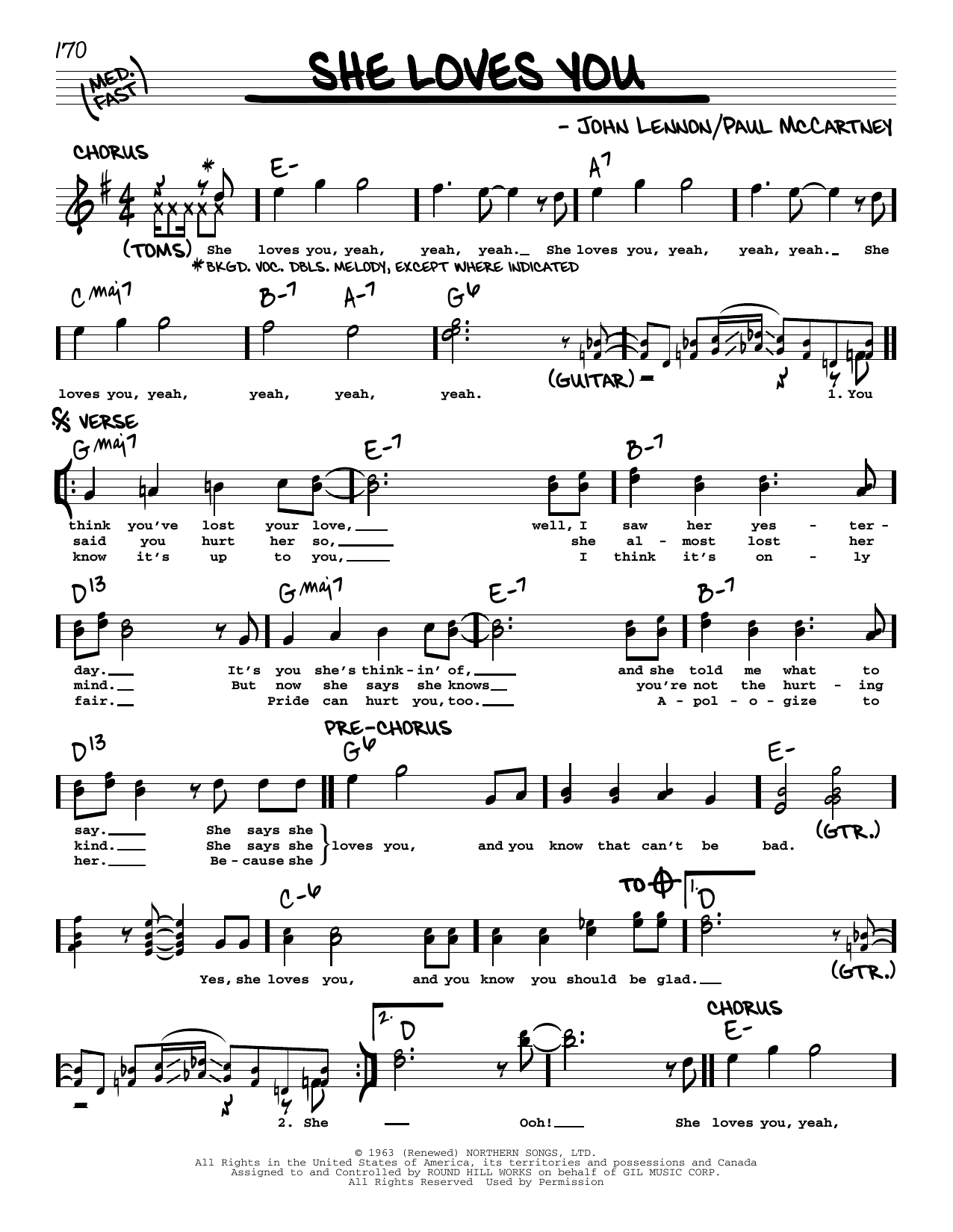 The Beatles She Loves You [Jazz version] sheet music notes and chords arranged for Real Book – Melody, Lyrics & Chords