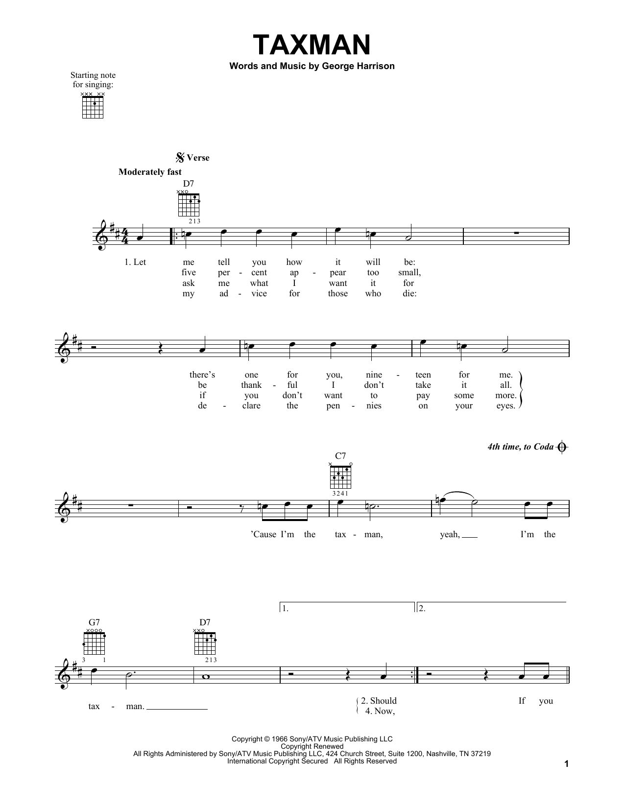 The Beatles Taxman sheet music notes and chords. Download Printable PDF.