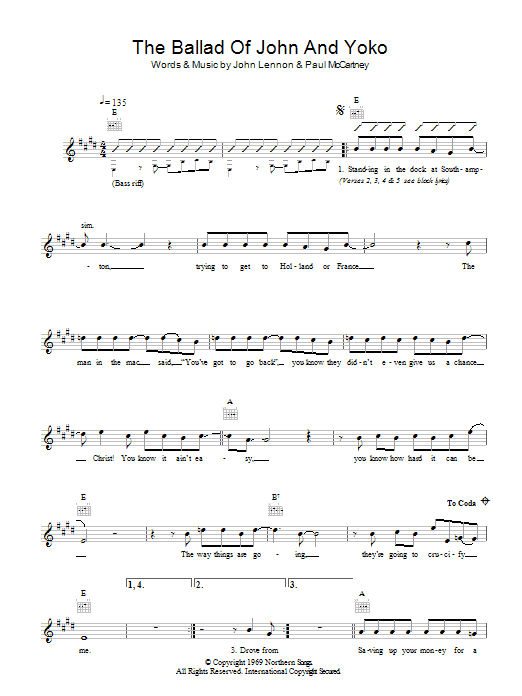 The Beatles The Ballad Of John And Yoko sheet music notes and chords arranged for Piano, Vocal & Guitar Chords (Right-Hand Melody)