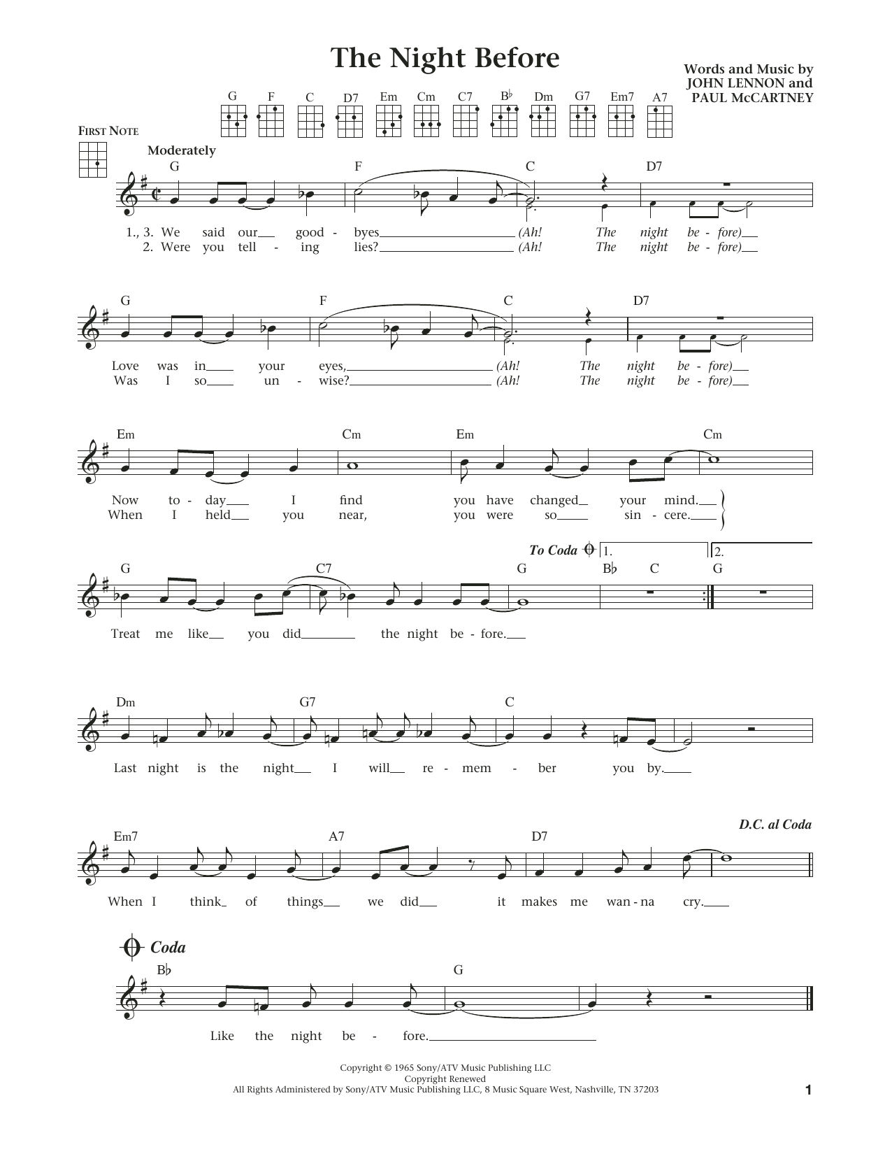Learn to play The Beatles The Night Before (from The Daily Ukulele) (arr. Liz and Jim Beloff) sheet music for Ukulele in minutes. Price: 5.9900$ The Beatles The Night Before (from The Daily Ukulele) (arr. Liz and Jim Beloff) sheet music notes and chords arranged for Ukulele