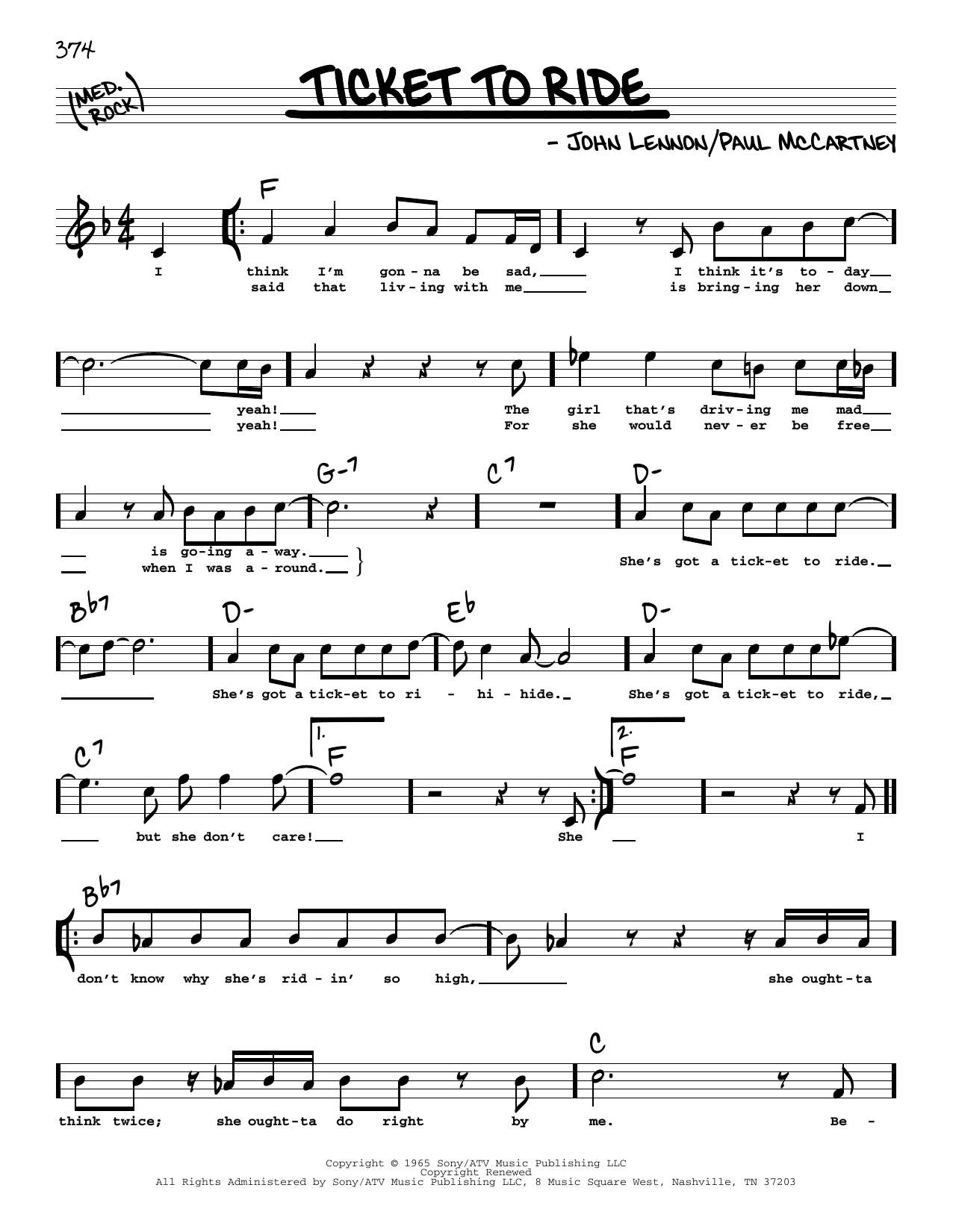 Learn to play The Beatles Ticket To Ride (High Voice) sheet music for Real Book – Melody, Lyrics & Chords in minutes. Price: 5.9900$ The Beatles Ticket To Ride (High Voice) sheet music notes and chords arranged for Real Book – Melody, Lyrics & Chords