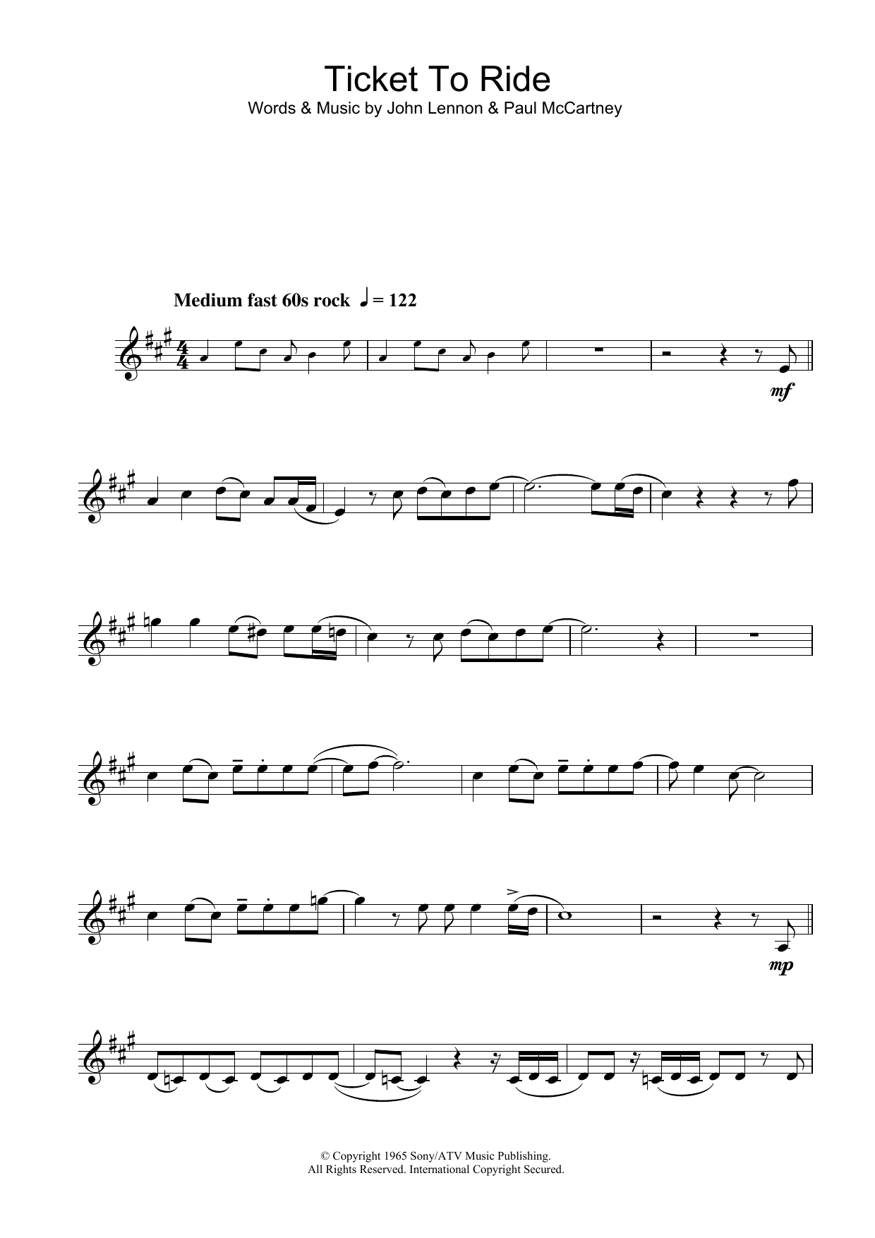 The Beatles Ticket To Ride sheet music notes and chords. Download Printable PDF.