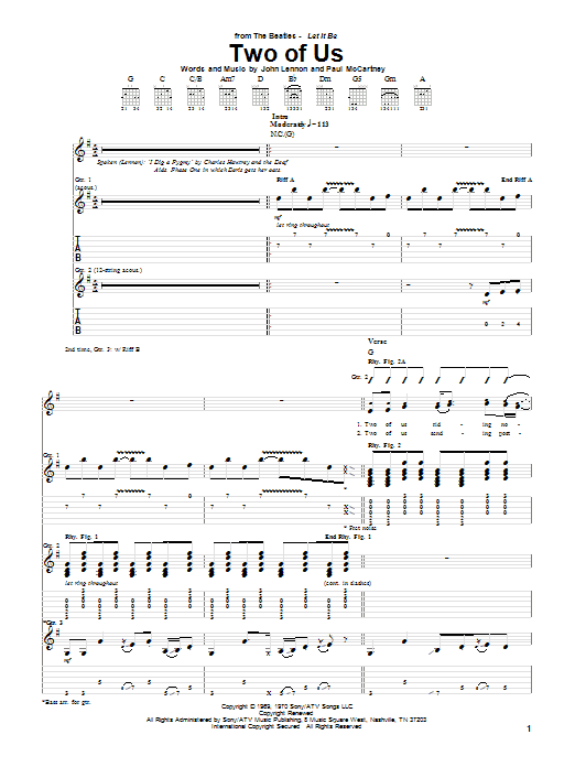 The Beatles Two Of Us sheet music notes and chords. Download Printable PDF.