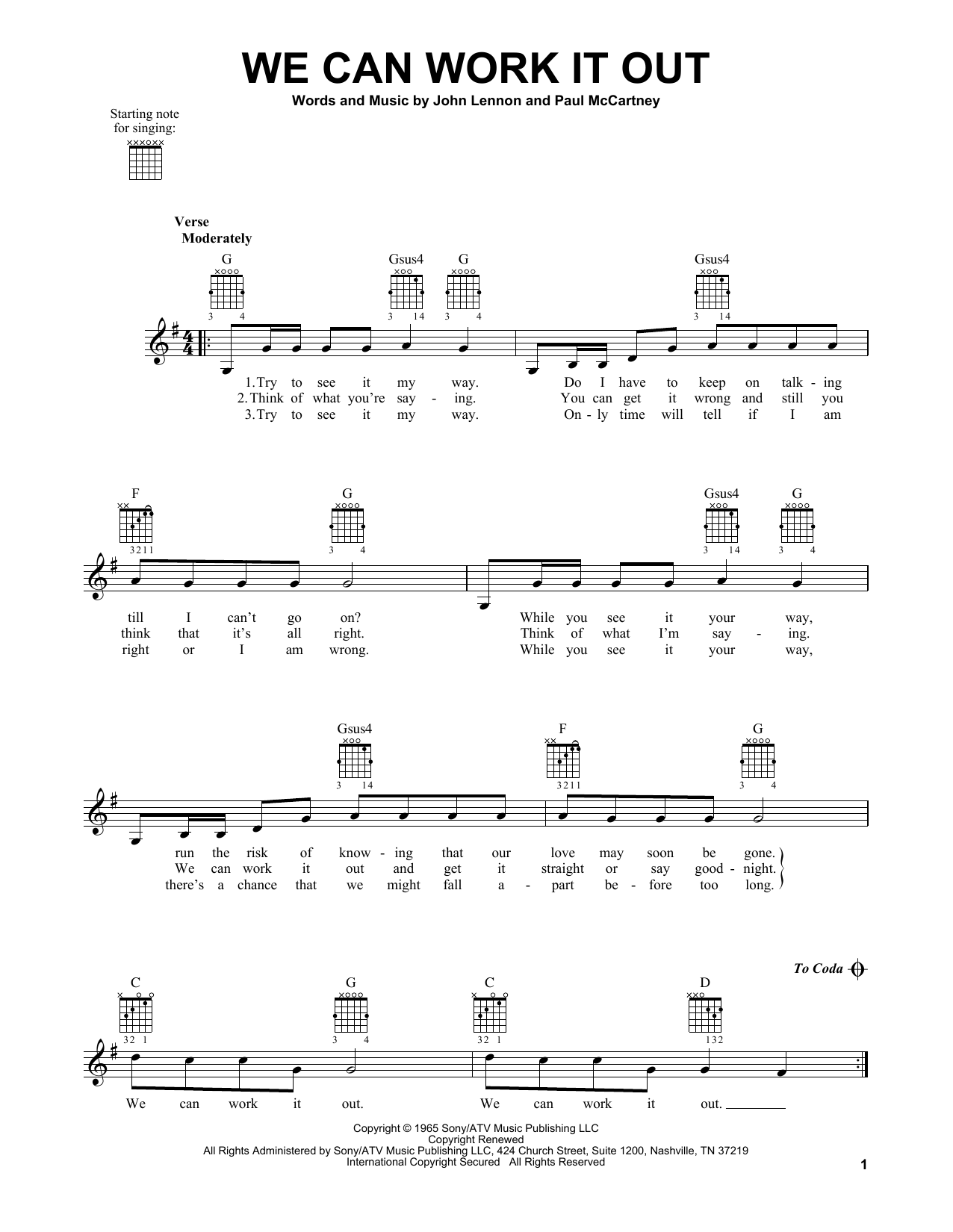 The Beatles We Can Work It Out sheet music notes and chords arranged for Easy Ukulele Tab