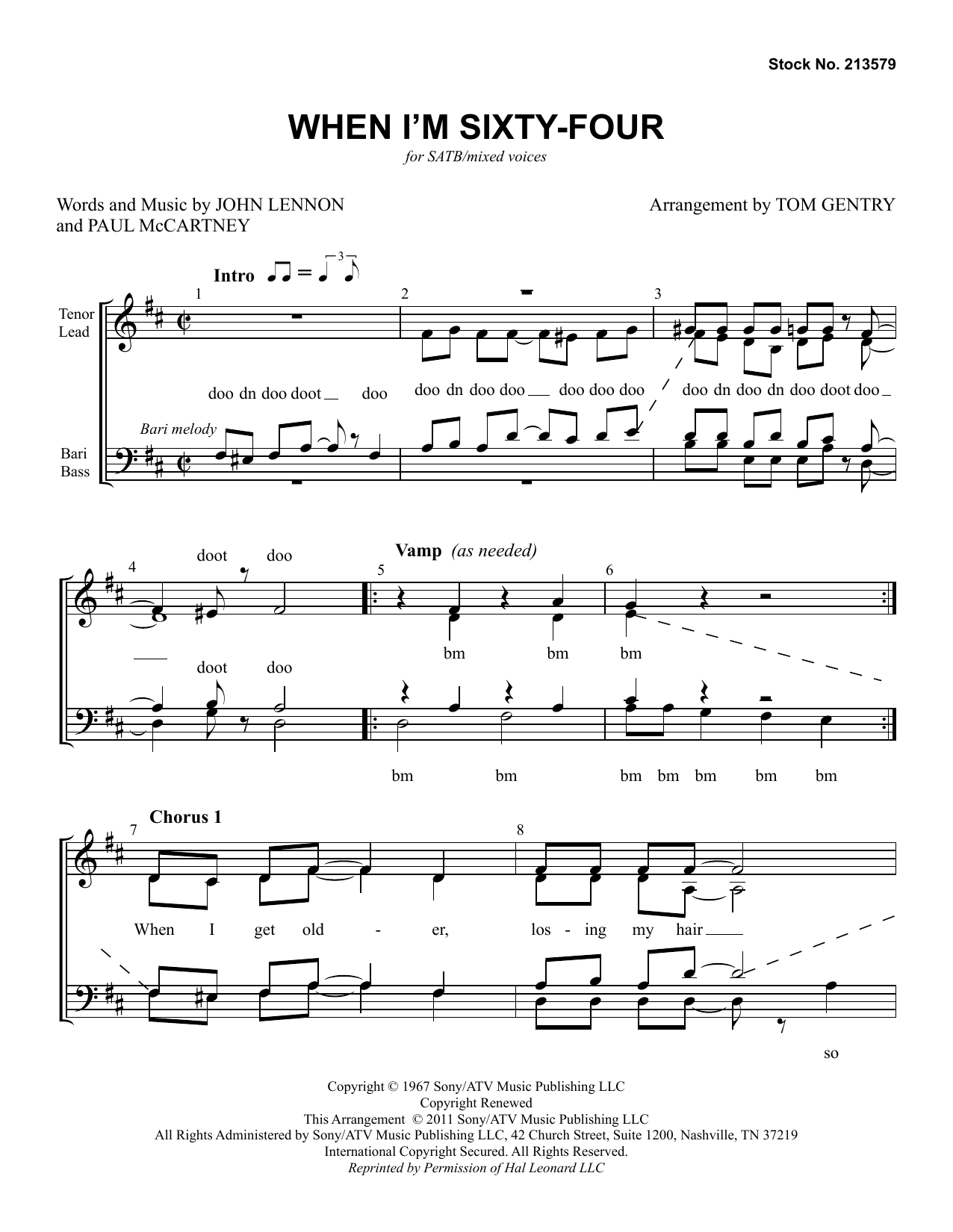 The Beatles When I'm Sixty-Four (arr. Tom Gentry) sheet music notes and chords. Download Printable PDF.