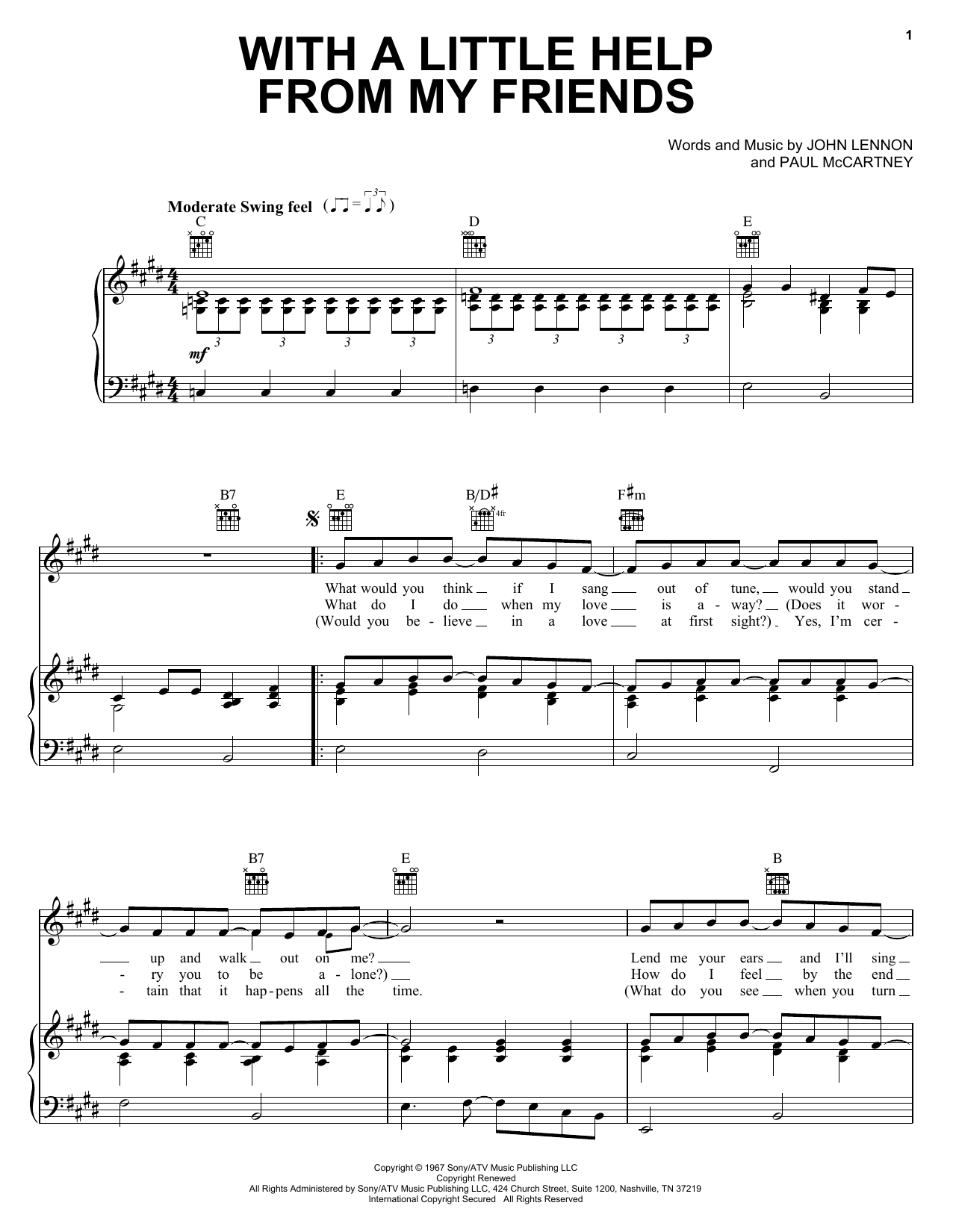 The Beatles With A Little Help From My Friends sheet music notes and chords arranged for Piano, Vocal & Guitar Chords